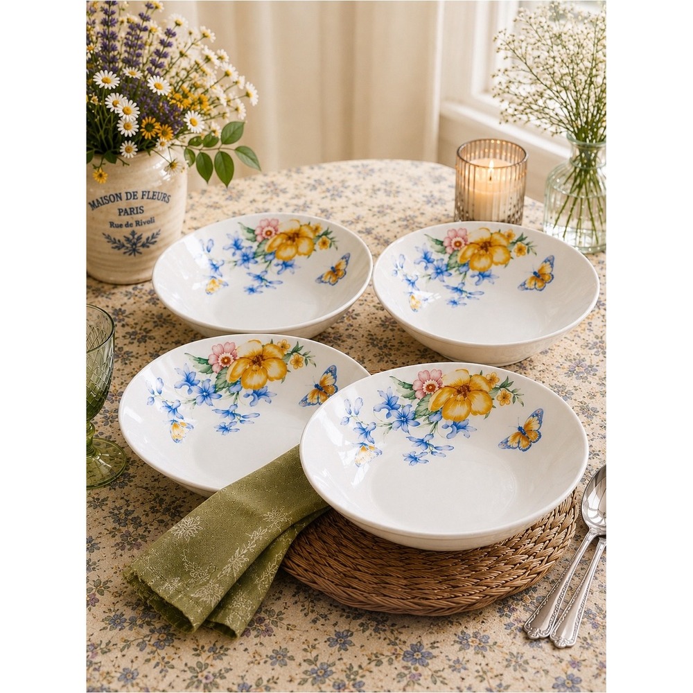 Studio Nova Colorful Butterfly Garden Pasta Bowls 8" Set of 4 Floral Soup Bowls